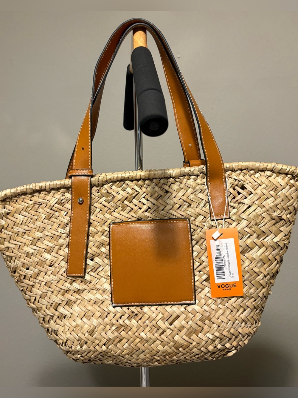 Vogue Natural Straw Tote with Tan Leather Trim